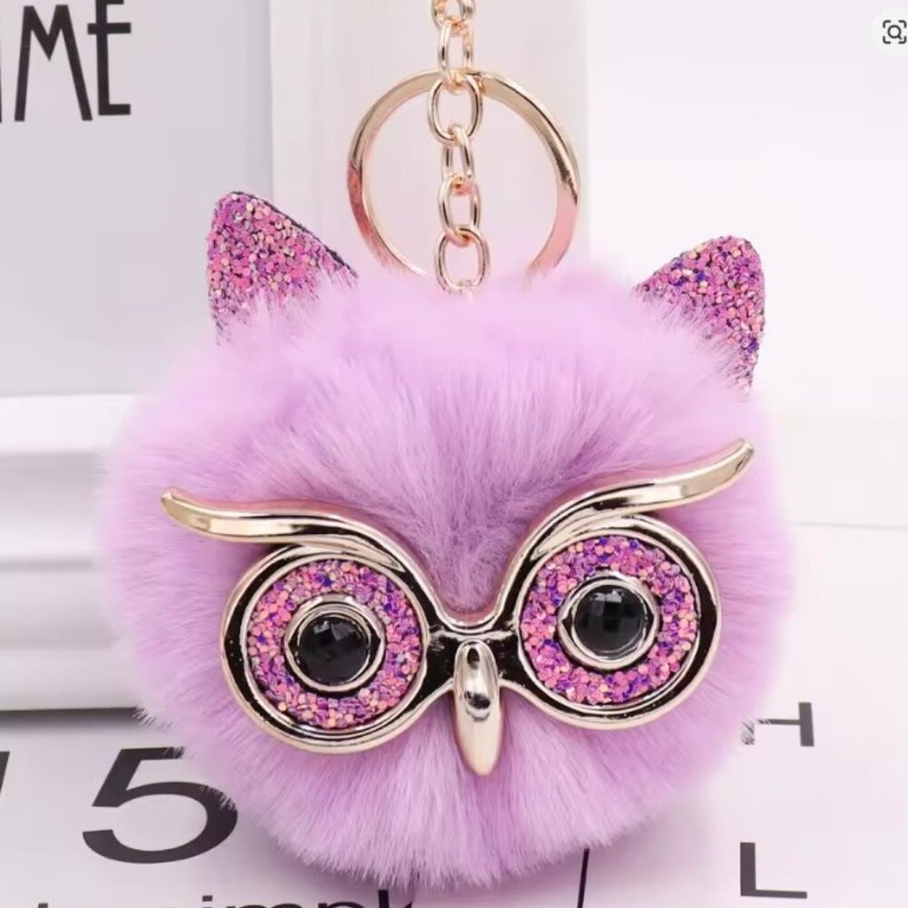 Fluffy Pom Pom Owl with Glasses Keychain or Handbag Charm Purple🦉